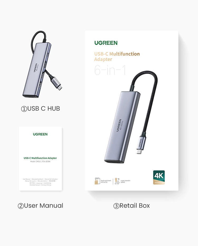 Ugreen 60384 - Bộ chuyển USB typeC sang 2×USB3.0+HDMI (4K60HZ)+SD TF+PD 6 IN 1